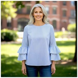 Chelsea28 Women’s Blouse with Ruffled Bell Sleeves. Blue, White. Size Medium
